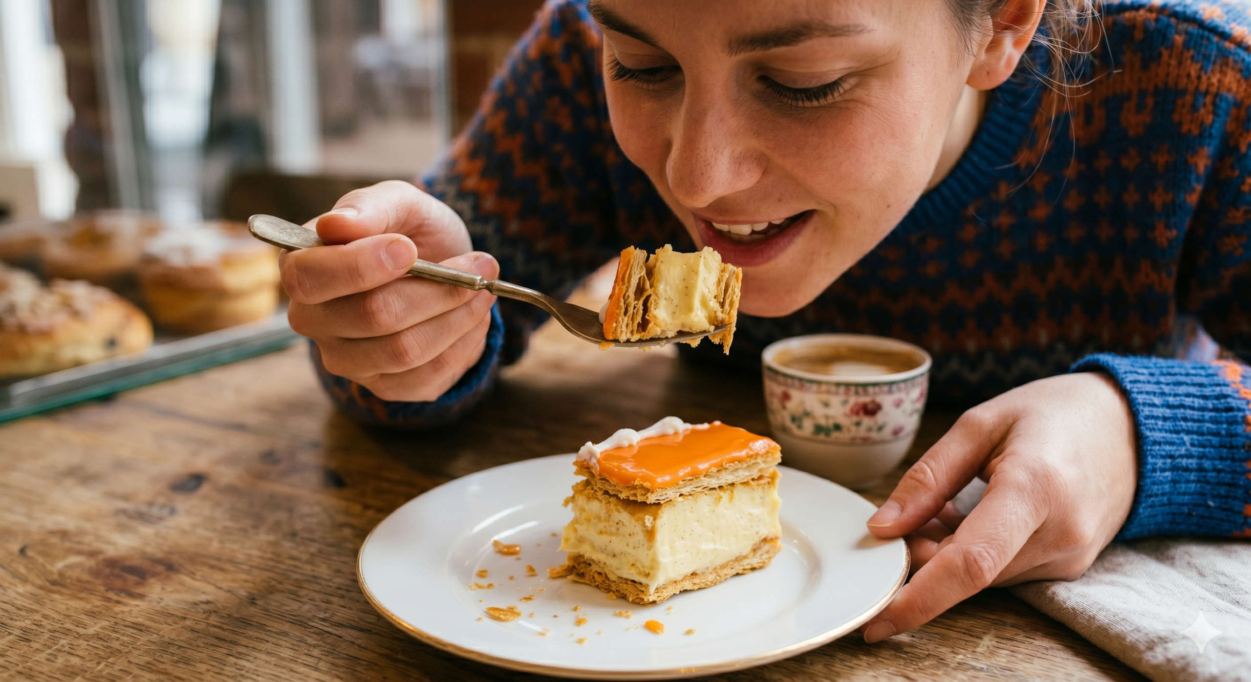 Woman in a blue orange patterned sweater about to bite into a slice of cheesecake on a wooden table with coffee nearby