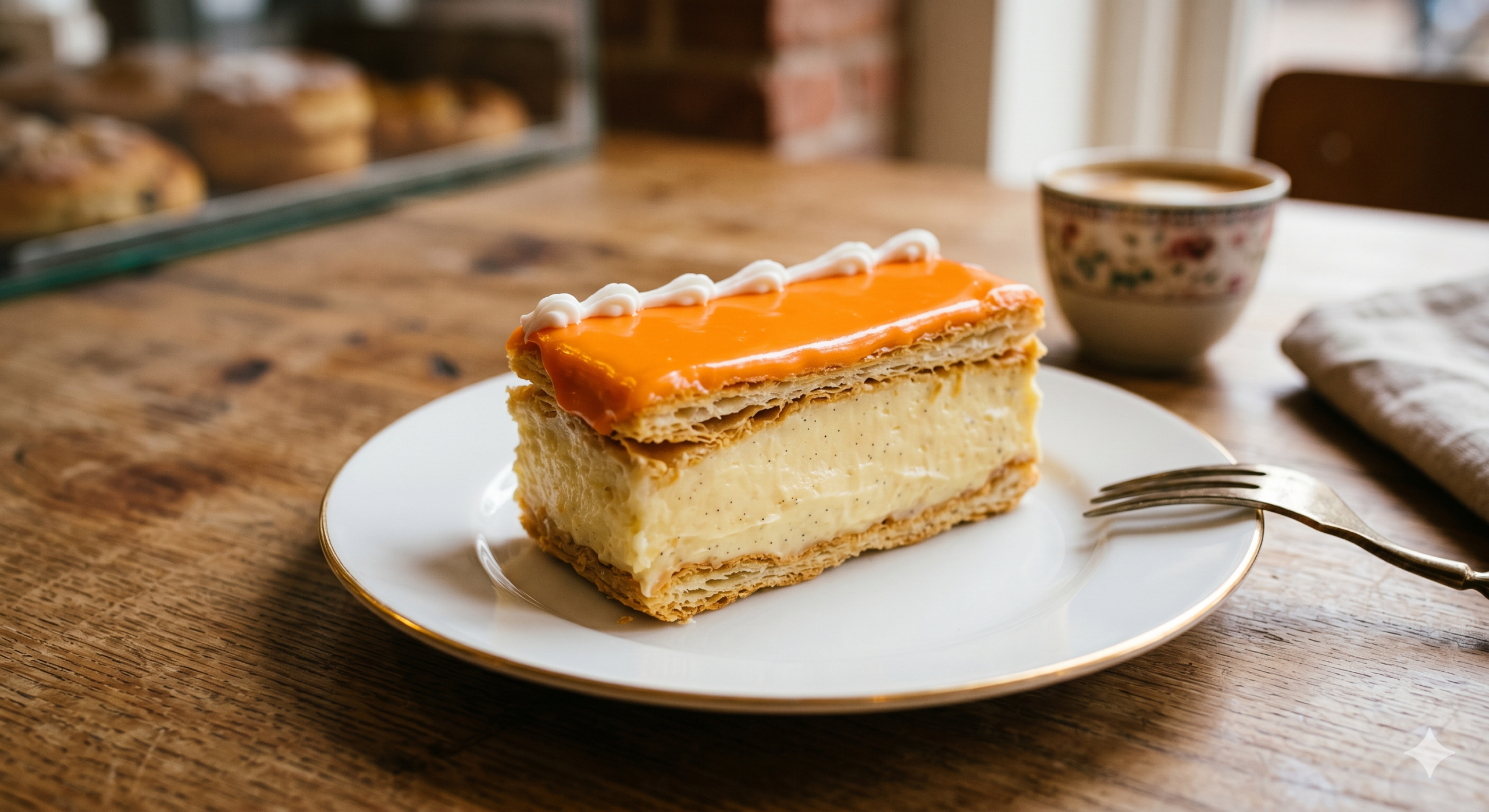 Slice of orange glazed mille feuille with vanilla cream filling on a white plate fork beside it and a coffee cup in the background