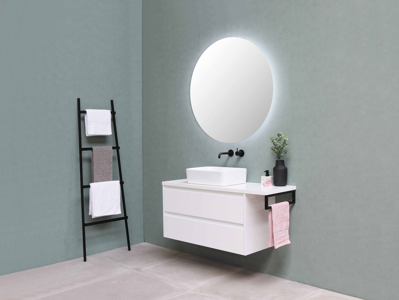 White wooden vanity sink with mirror