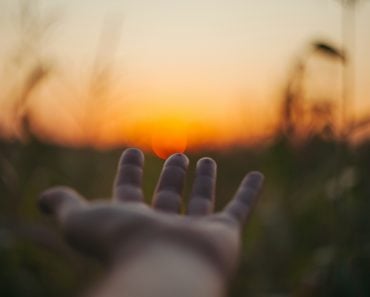 selective focus photo of person laying hand over the sunset