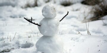 photo of snowman with stick hands on snow filed