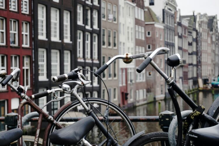 Brown and black city bikes padlocked on black steel rail