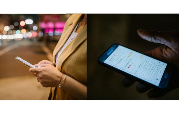 Two individuals using smartphones in an urban setting at night showcasing modern communication