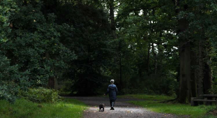 Man in blue jacket walking on pathway