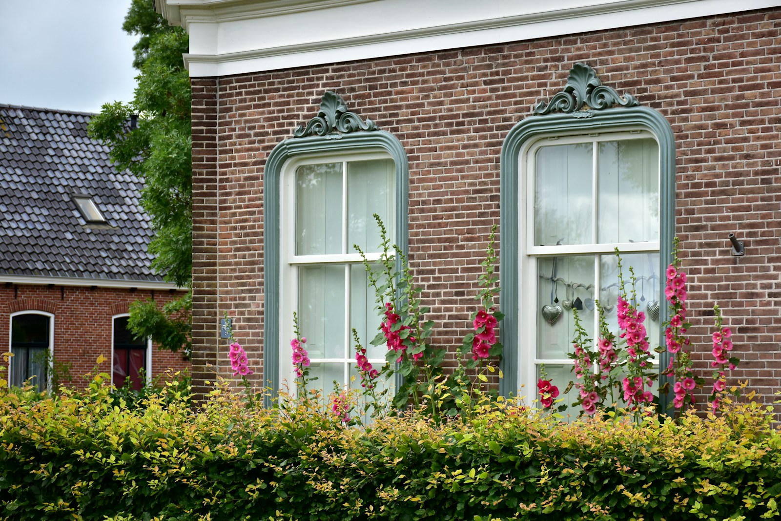 Windows with flowers decorate a brick building's facade.