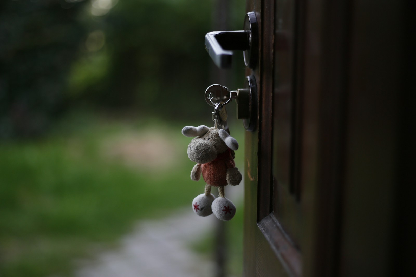A key chain hanging from a door handle