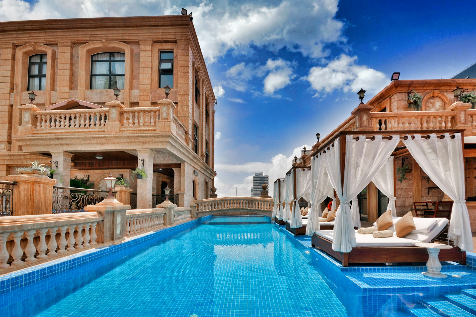 A pool and a house