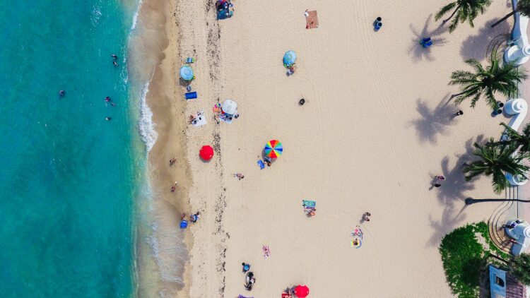 Aerial photography of people gathering on shore