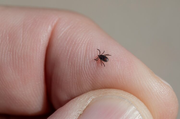 A small black insect sitting on top of a persons finger