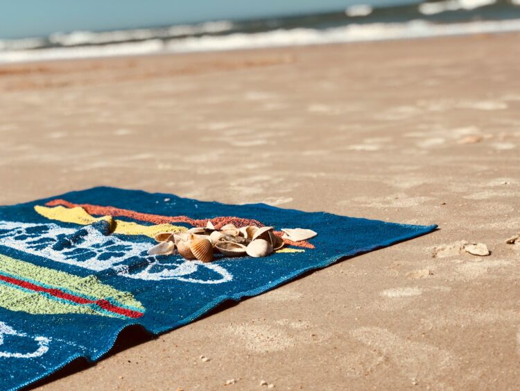 Seashell on blue bath towel on shore