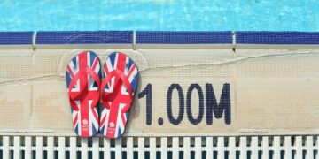 pair of red, blue, and black Union Jack flip-flops