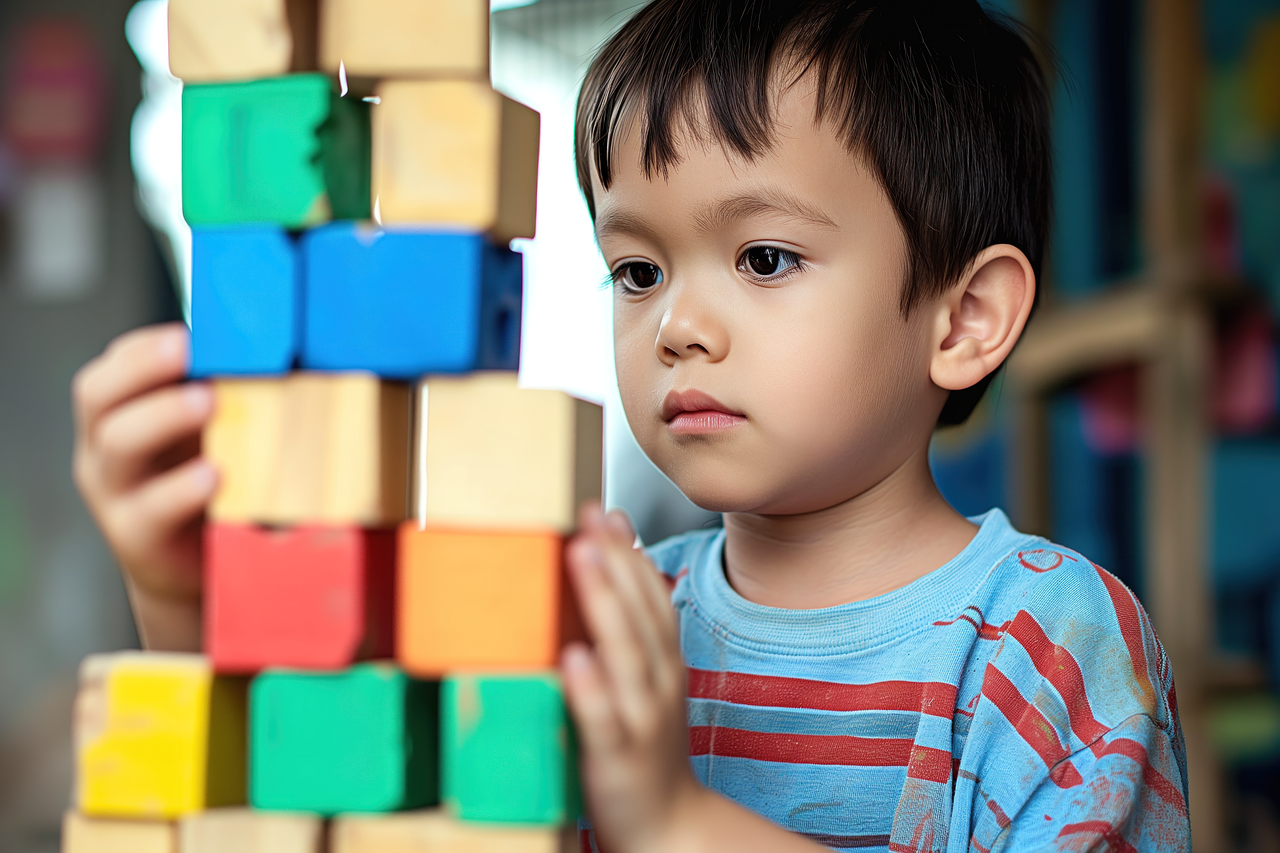 Ai generated young boy puzzle autism autism awareness building blocks colorful wooden blocks tower concentration indoor activity playtime hand eye coordination cognitive development focused educational toys learning preschooler enjoyment skill building patience preschool activity developmental toys balancing stripes montessori autism autism autism autism autism montessori