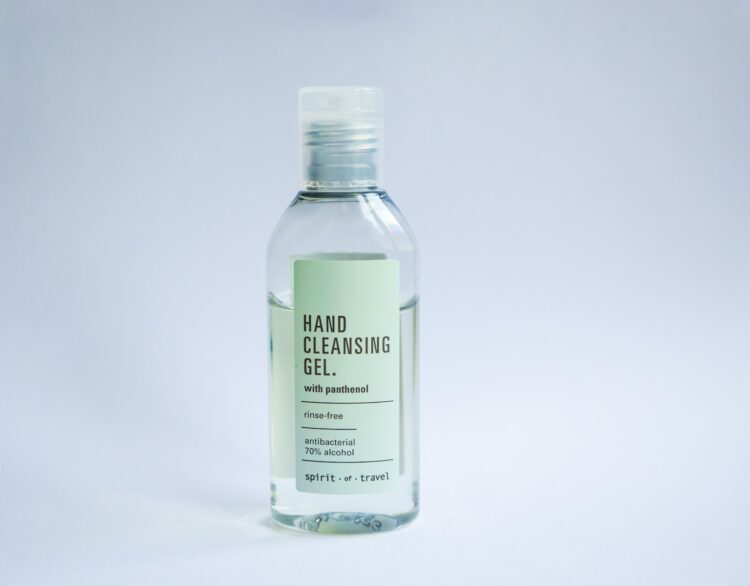 A bottle of hand sanitizing gel on a white background