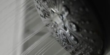 a close up of a shower head in a bathroom