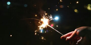 Hand holding a lit sparkler at night