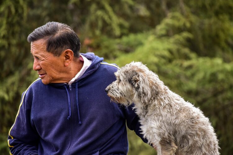 Older pet animal dog old man with his dog pet with its master