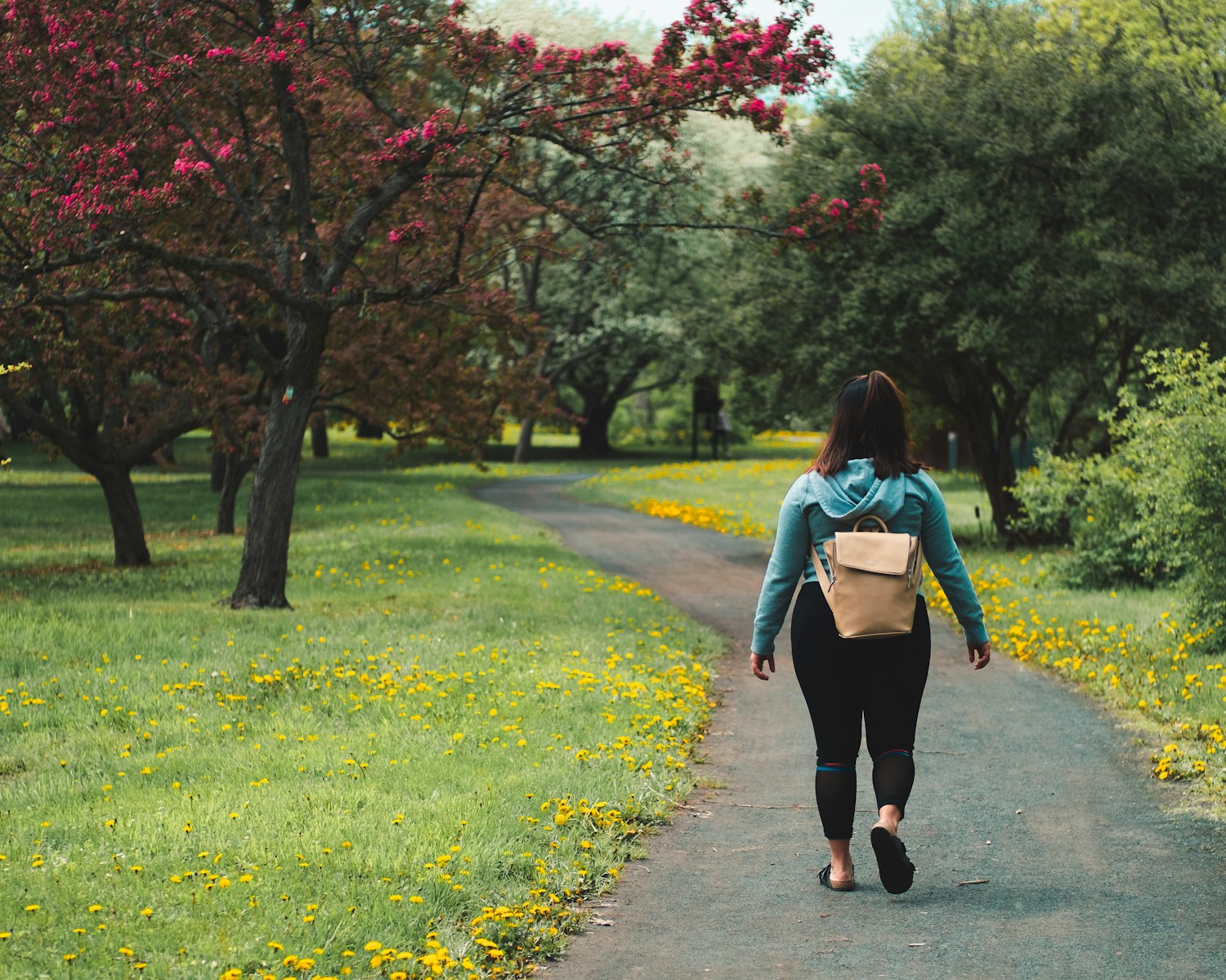 Photo by Jeffrey Grospe - Info Vandaag Woman wearing blue jacket and black pants walking on grass field pathway