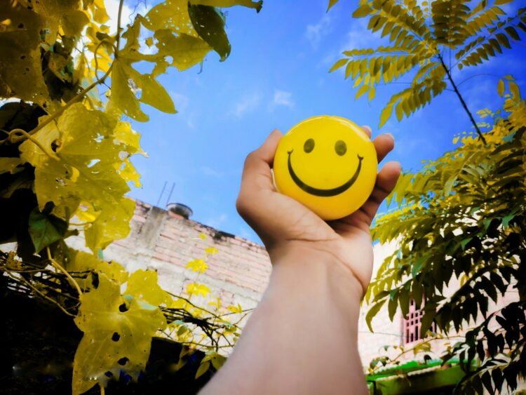 A hand holding a yellow smiley face ball