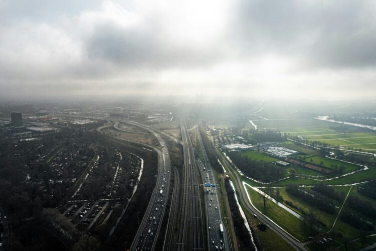 An aerial view of a highway and a highway