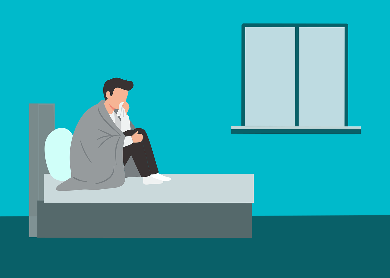 Illness flu cold fever patient bed recovery healthcare medicine treatment resting sneezing blanket window flat design cartoon sick man sleep health man sick in bed