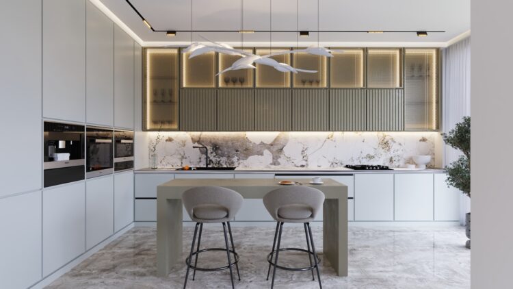 A modern kitchen with marble counter tops and stools