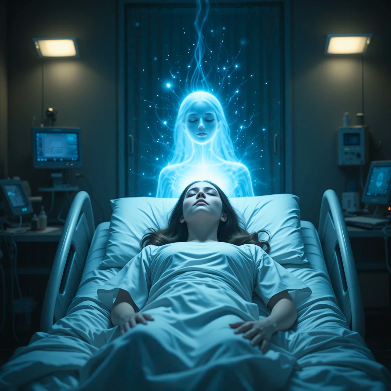 Ai generated woman death young soul hospital spirituality god life beyond life life after death dimension faith lights
