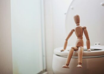 Brown wooden doll on white ceramic toilet bowl
