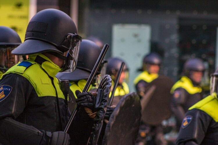 Man in uniform holding baton and shield