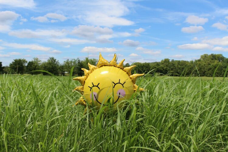 Yellow inflatable sun at grass field