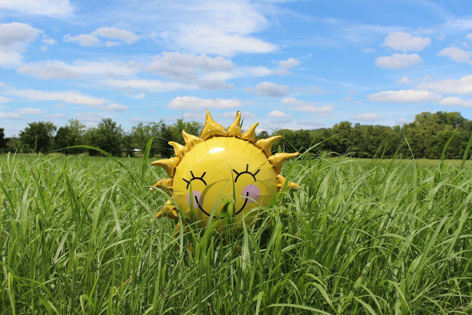 Yellow inflatable sun at grass field
