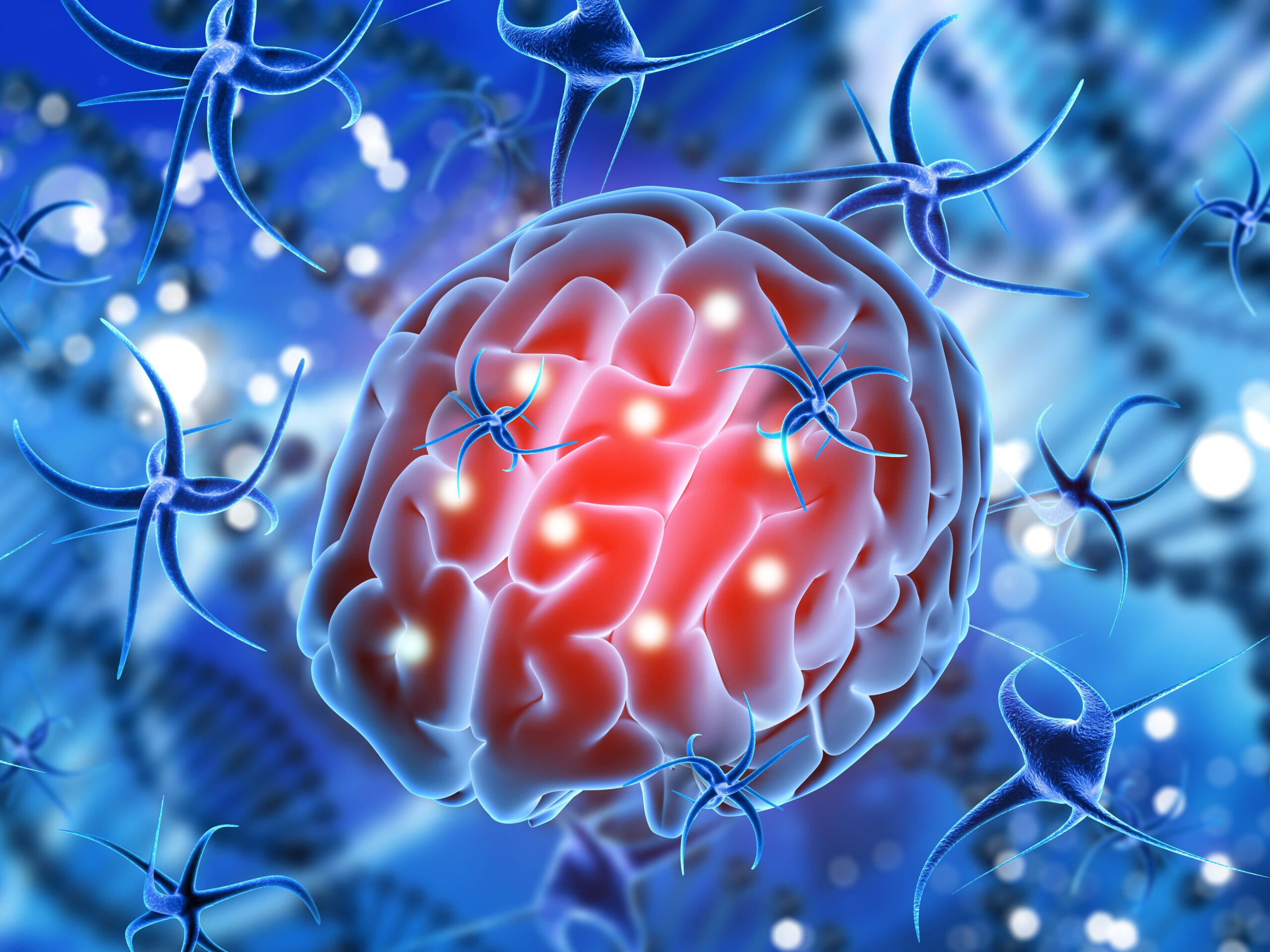 3d illustration of a brain glowing with active neural signals surrounded by blue neurons in a blue background