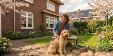 Woman in a denim jacket brushing a fluffy dog on a bench in a sunny garden beside a brick house, fur scattered on the ground for grooming.