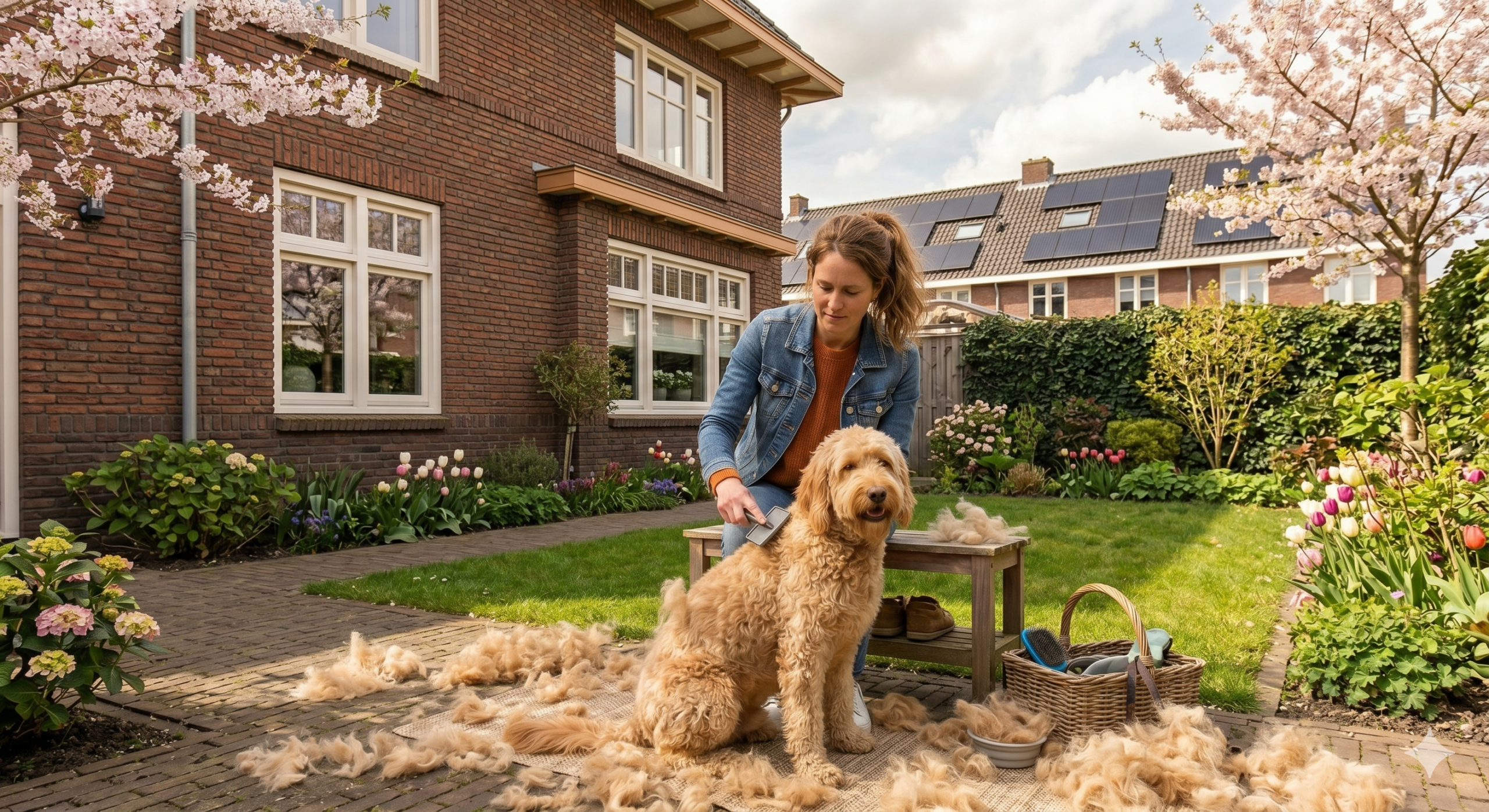 Woman in a denim jacket brushing a fluffy dog on a bench in a sunny garden beside a brick house fur scattered on the ground for grooming