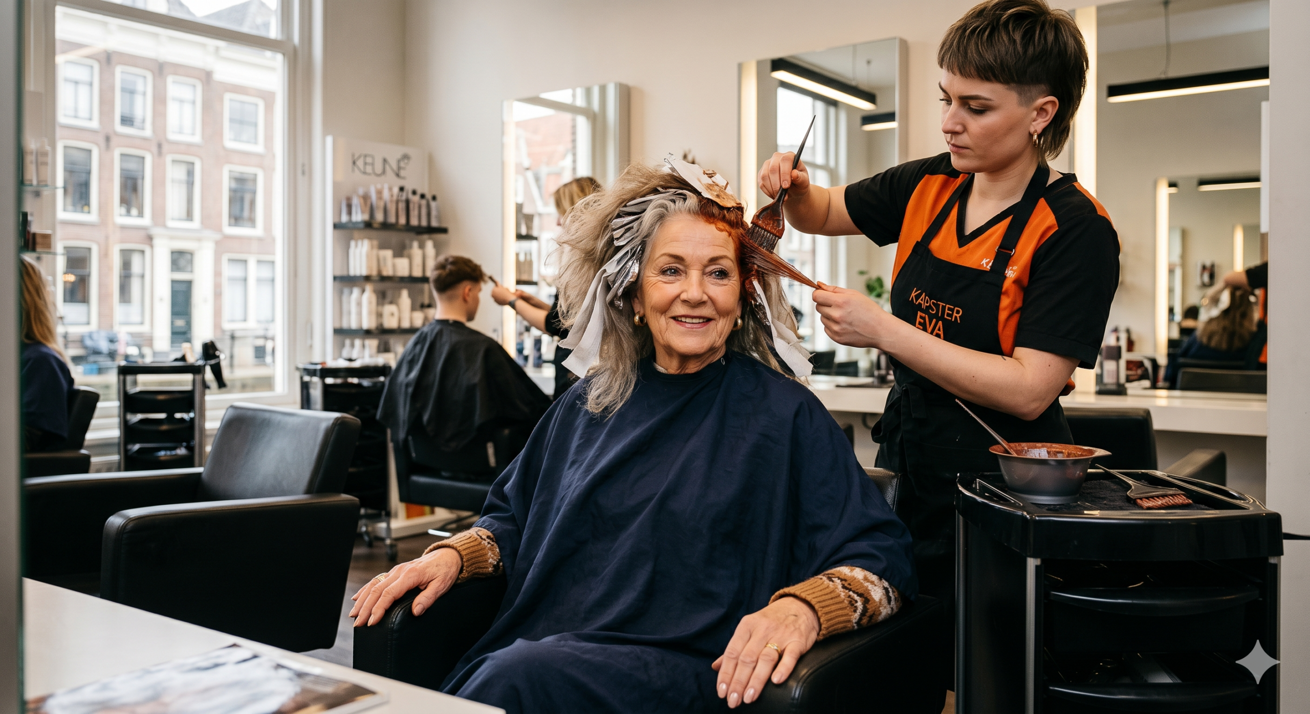 Older woman smiling as a stylist applies hair color with foil in a bright salon setting