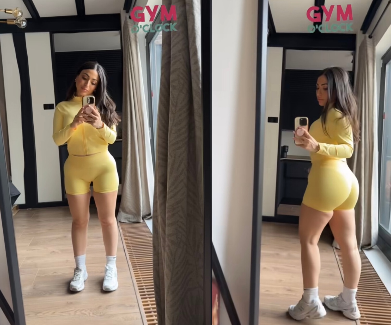 - Info Vandaag Woman in a yellow athletic set zip jacket and shorts taking a mirror selfie in a bright room with wooden floor and large mirrors front view