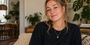 Young woman with a messy bun sits on a beige sofa, holding a mug in a cozy, plant-filled living room.