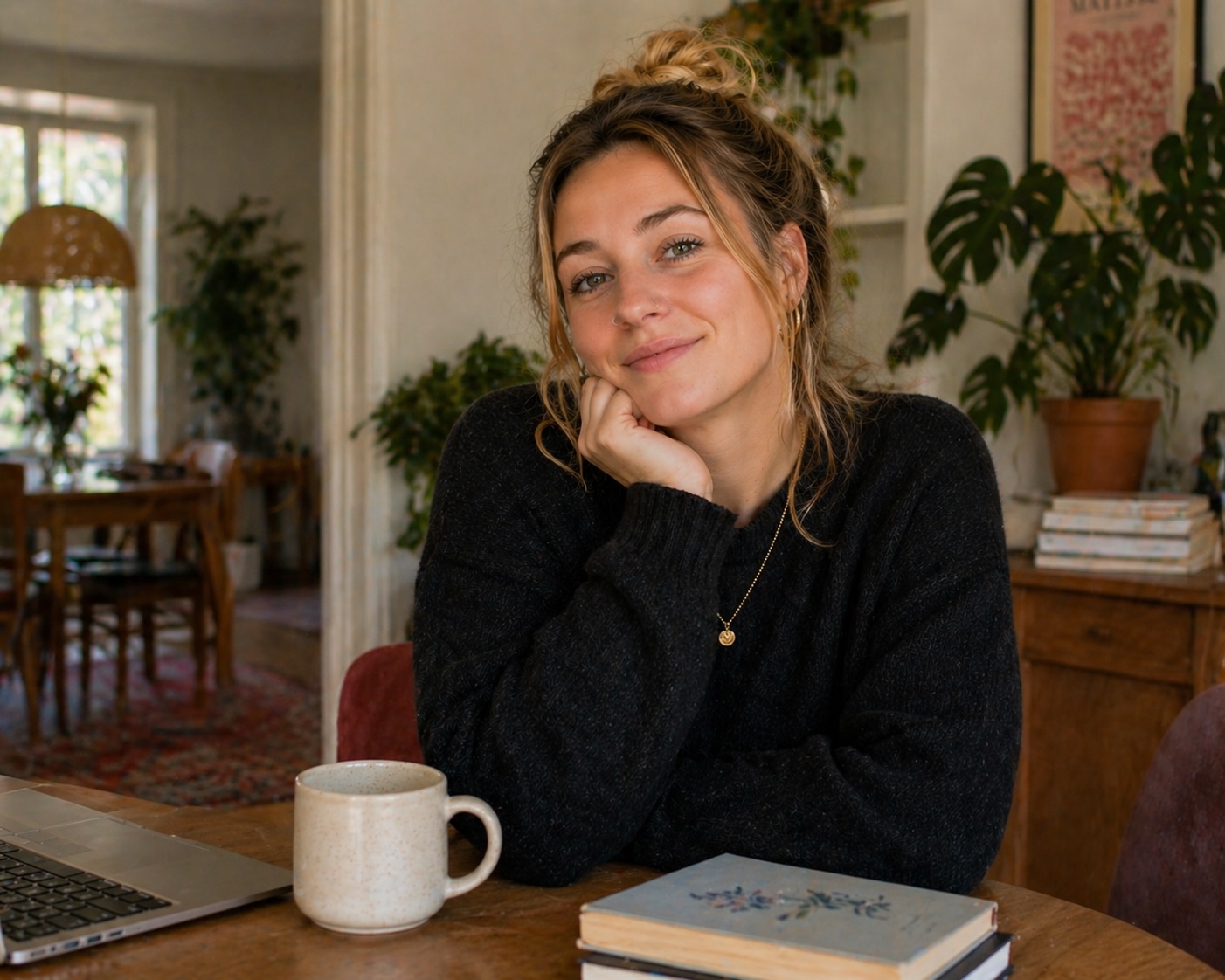 Smiling woman with a messy bun sits at a wooden table indoors resting her chin on her hand beside a mug laptop and books
