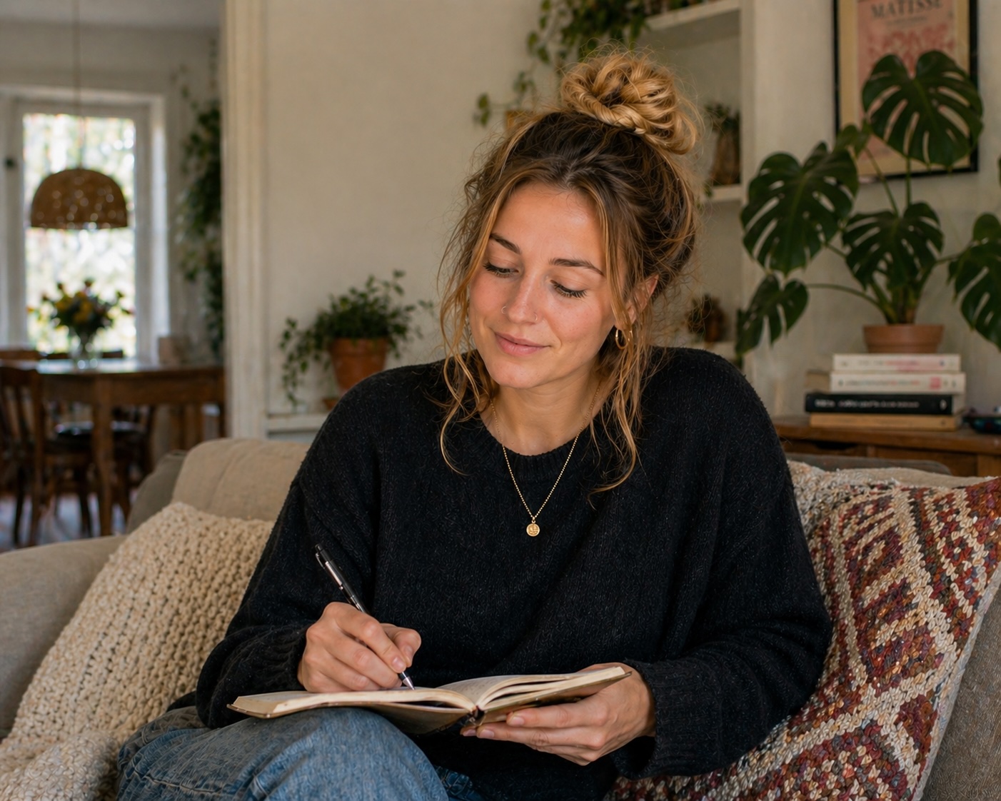 Woman with a messy bun writes in a notebook while seated on a sofa at home cozy decor around her