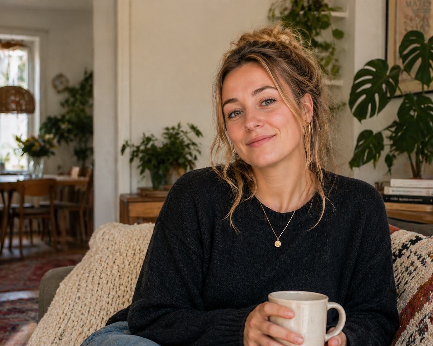 Young woman with a messy bun sits on a beige sofa holding a mug in a cozy plant filled living room