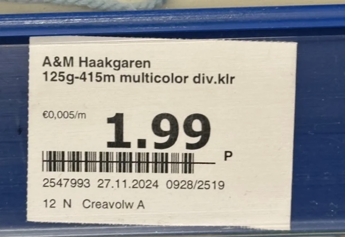Price label for a&m haakga 125g 415m multicolor div Klr unit price €0005m large price 1 99 barcode line date 27 11 2024 code 09282519 location text '12 n creavlow a'