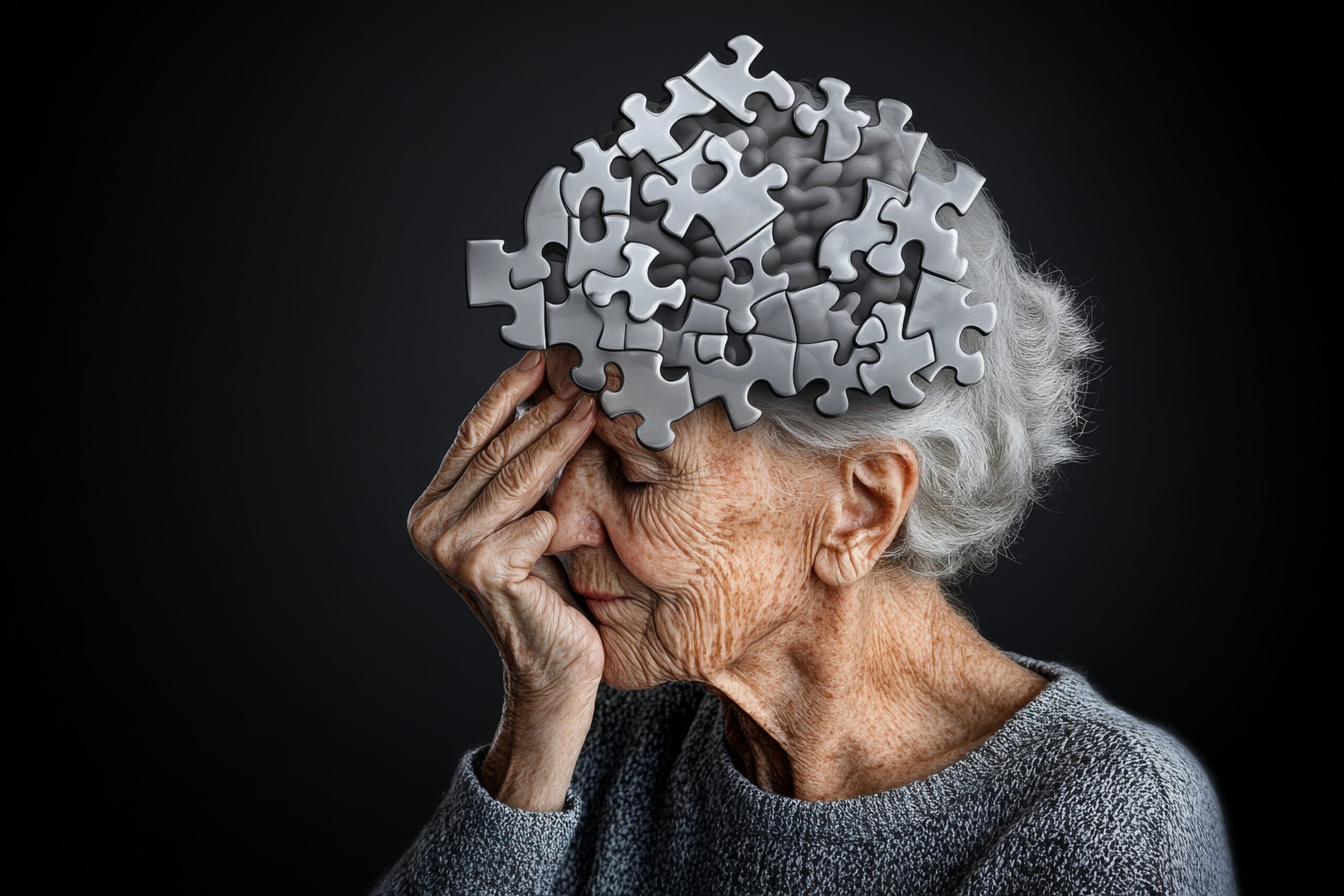 Elderly woman with gray hair holding her head a jigsaw puzzle covering her brain area symbolizing memory loss or dementia