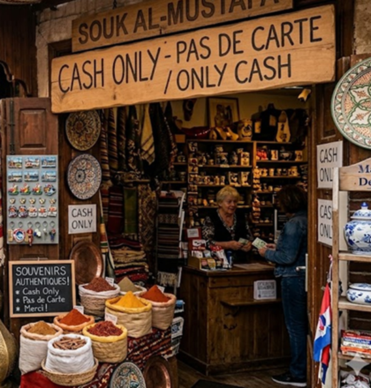Souvenir shop with baskets of spices at the front and a large 'cash only' sign above the doorway