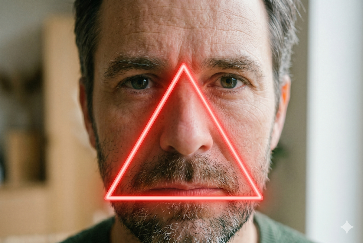 Close up of a man's face with a glowing red triangle around his nose and mouth
