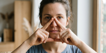 Woman in a blue shirt forms a square frame around her eyes with her fingers in front of her face by a window.