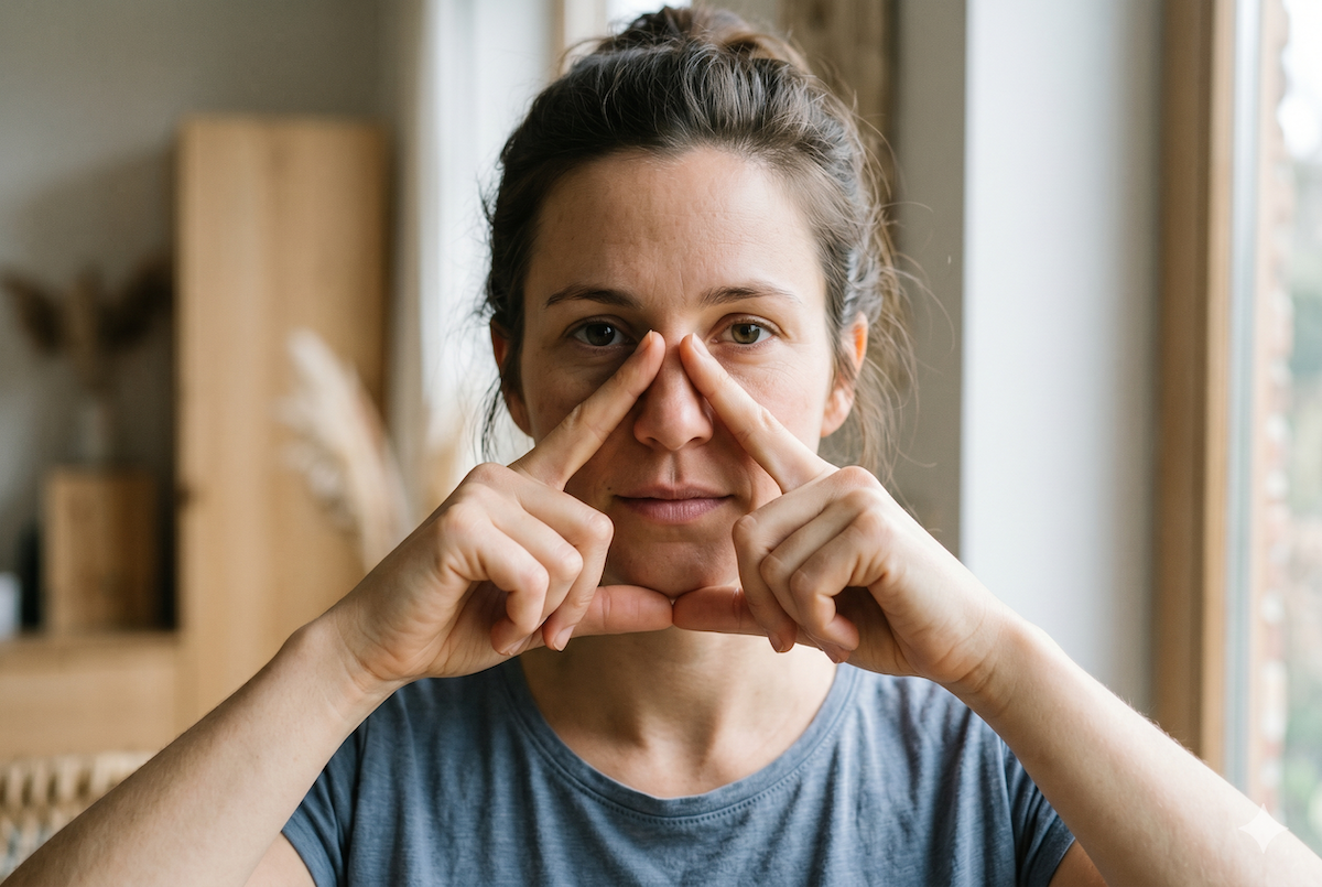 Woman in a blue shirt forms a square frame around her eyes with her fingers in front of her face by a window