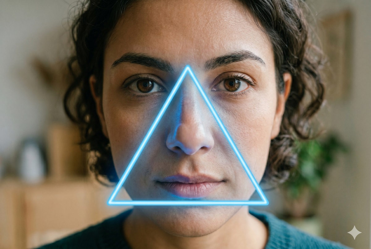 Woman's face with a glowing blue triangle overlay centered on her nose suggesting ar facial tracking
