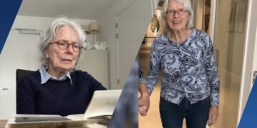 Two elderly women share a moment: one seated at a desk reading papers, the other standing in a hallway and holding her hand across a diagonal split. Two seniors collaborate: left side shows a woman at a desk with documents, right side shows another woman in a patterned blue top in a corridor, smiling.