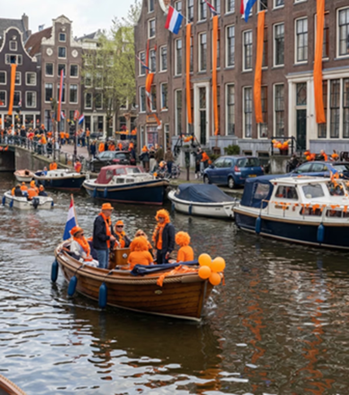 People in orange outfits on a wooden boat in a canal parade with orange decorations and houses in the background
