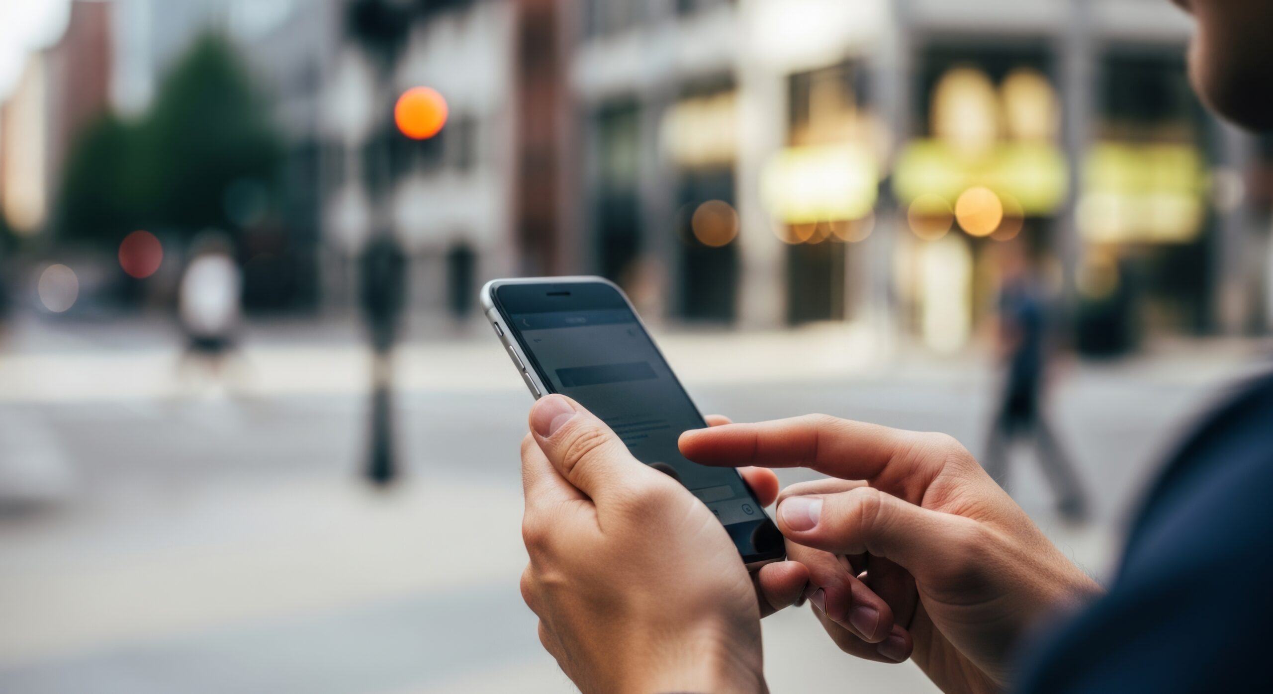 Man using smartphone on city street with blurry background of buildings establishing shot - Info Vandaag