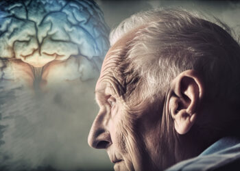 Senior man in profile with a translucent brain illustration in the background suggesting brain health or cognitive aging